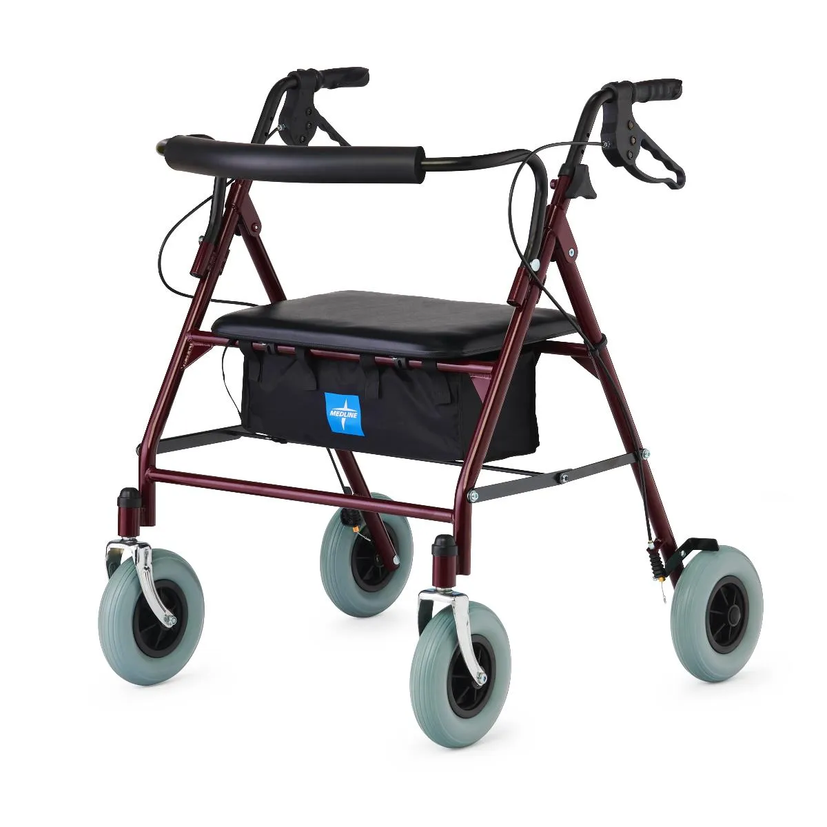 A wide-frame rolling walker in burgundy with large wheels, a broad padded seat and a storage bag