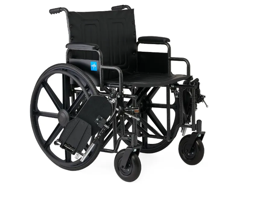 A heavy-duty wheelchair with a noticeably wider seat and a reinforced double-crossbar frame