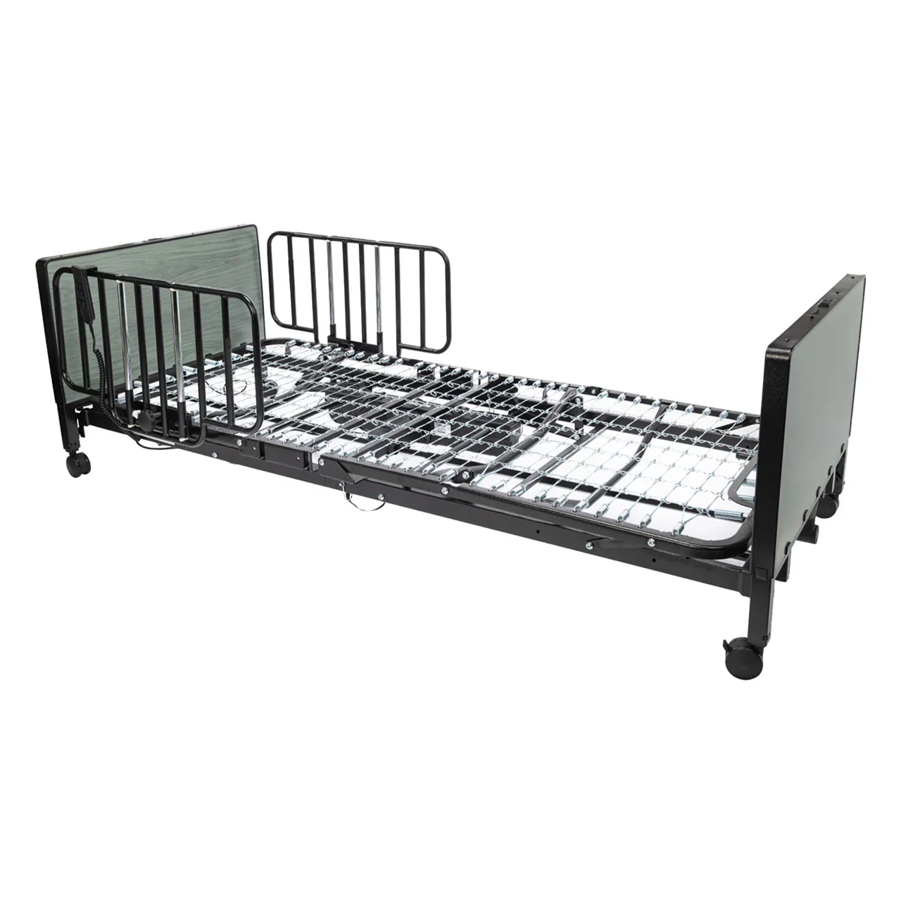 A home hospital bed frame lying flat on casters, with half rails on both sides, grey head and foot boards and a corded hand control hanging from the rail