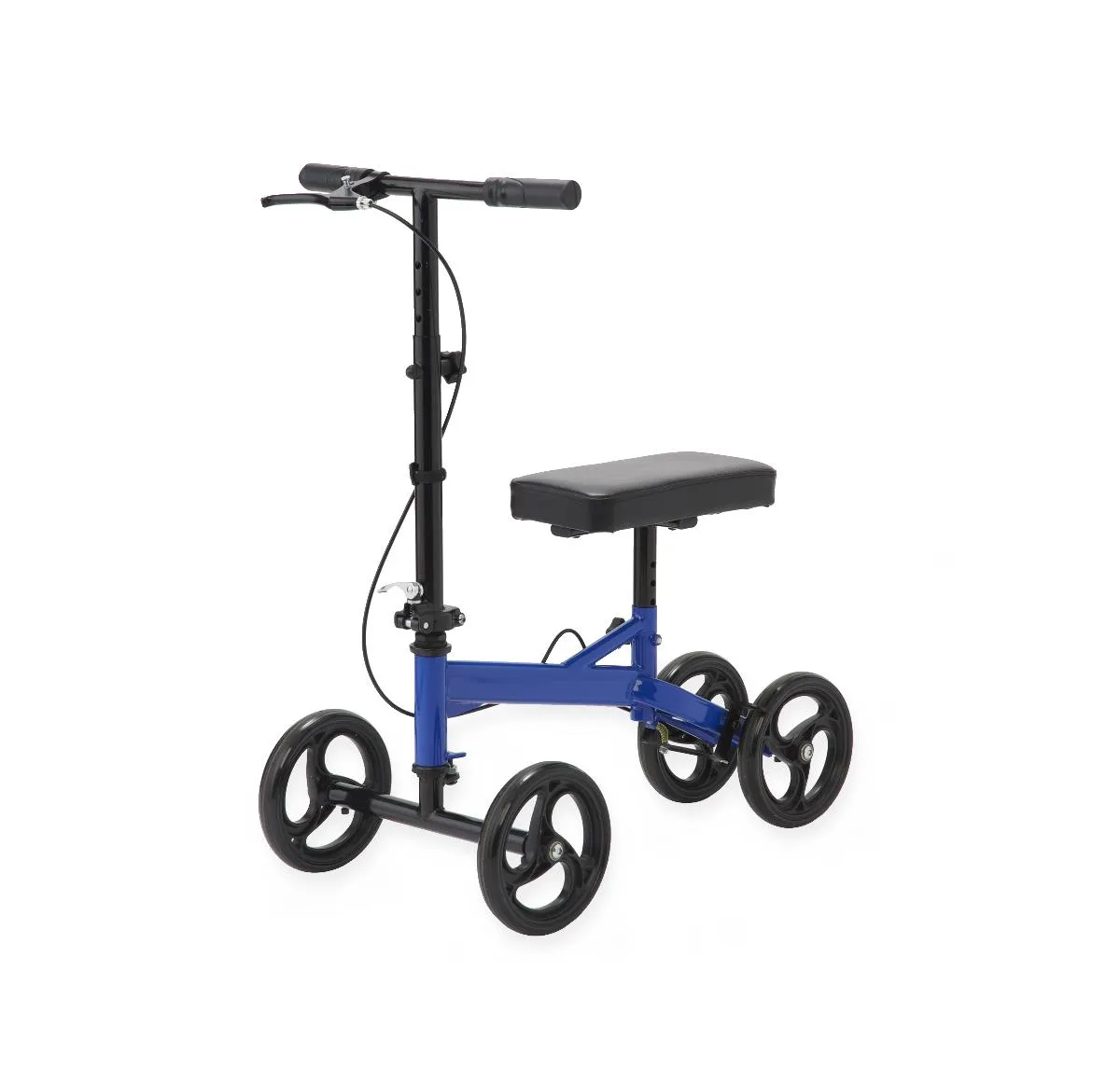 A four-wheeled knee scooter with a padded knee rest, handlebars and a hand brake