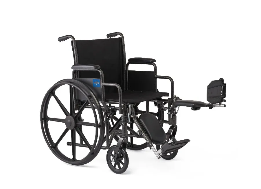 A folding manual wheelchair with large rear push rims, padded armrests and a swing-away elevating legrest