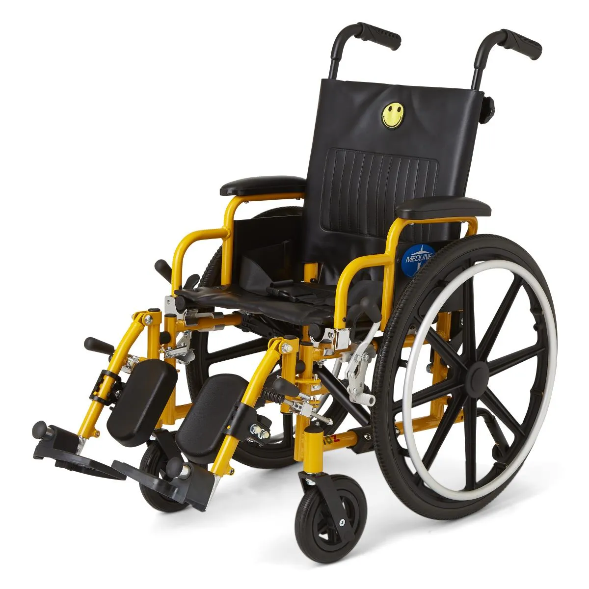 A small wheelchair with a bright yellow frame, a black seat and backrest with a smiley-face badge, a seat belt, padded leg rests and large rear wheels