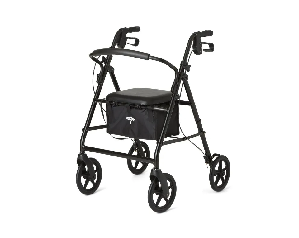 A four-wheeled rolling walker with hand brakes, a padded seat and a storage bag underneath