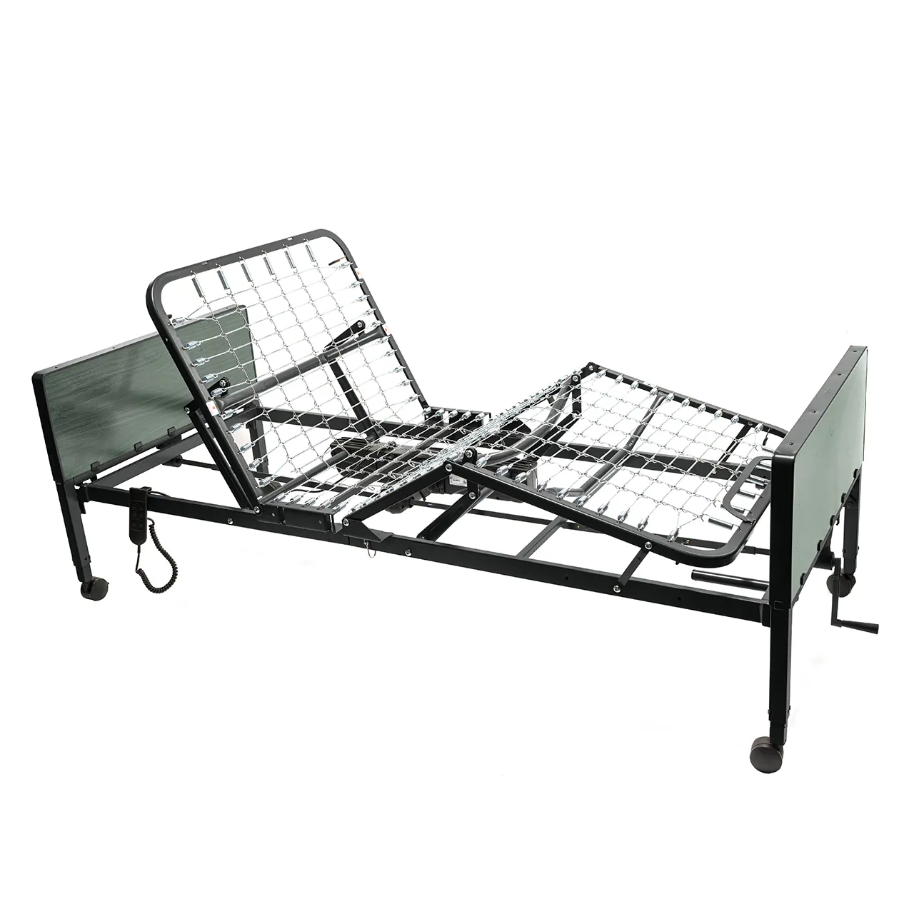 A home hospital bed frame with the head and foot sections raised, a hand control hanging at one end and a crank handle at the other