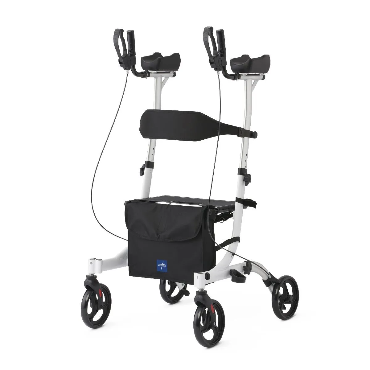 An upright walker with raised forearm platforms and a back support strap, for walking without stooping